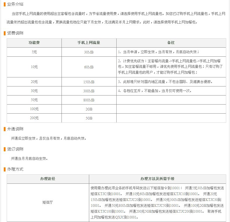 中国电信流量套餐列表