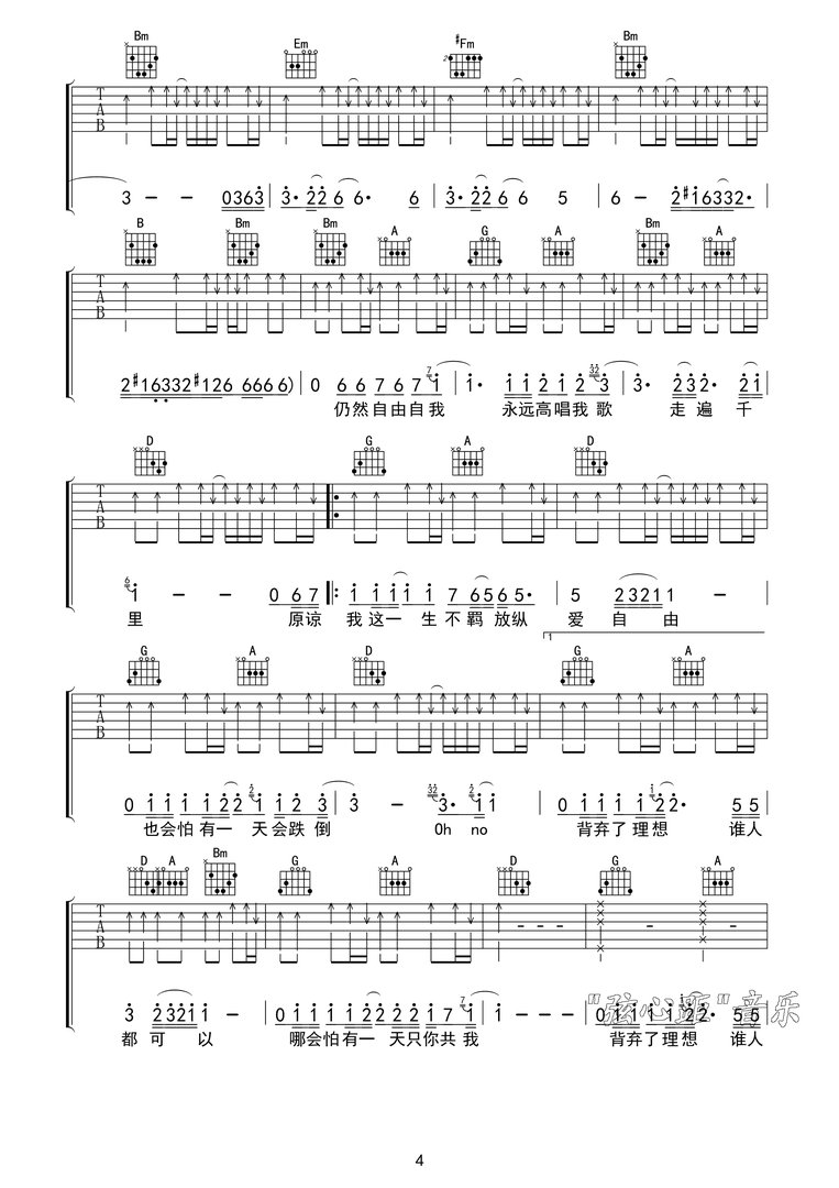 求黄家驹海阔天空D调 吉他谱,全扫弦版的。