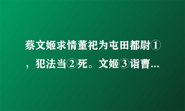 蔡文姬求情董祀为屯田都尉①,犯法当②死。文姬③诣曹操请之。时公卿、名士及远方使驿④坐者满堂。操谓宾