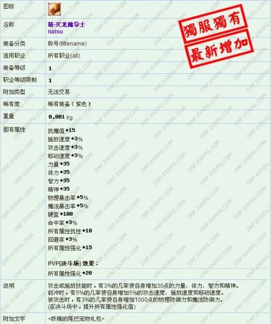 DNF妖精的尾巴礼包精称号超强属性图一览